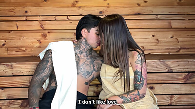 My neighbor leaves me alone with her boyfriend and we end up fucking in the sauna