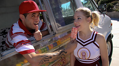 Sexy blonde Cindy Loo gets in the van and takes on a cock