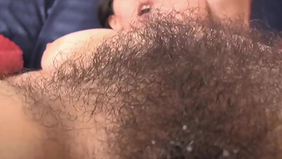 Quiet hairy girl with huge tits sucks and gets cum on muff